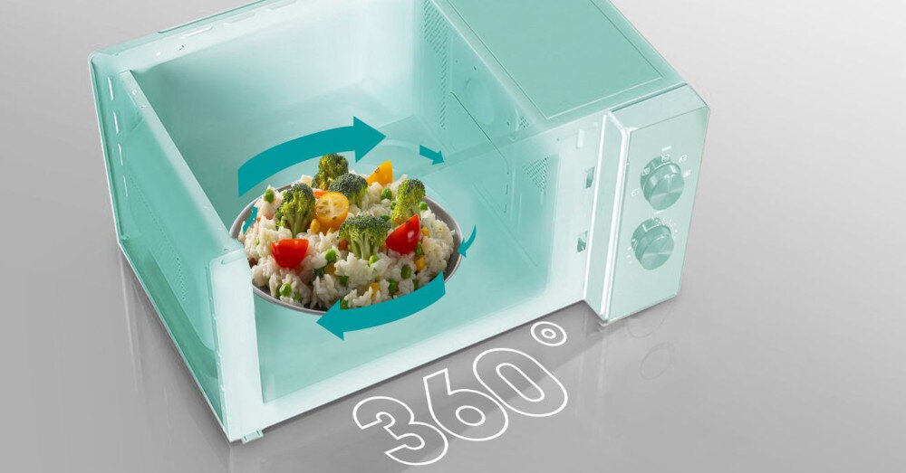 KUCHENKA MIKROFALOWA HISENSE H23MOBS4HI Talerz obrotowy 360° eliminacja zimnych punktów podgrzewanie grillowaie gotowanie ciągły obrót równomierne efektywne