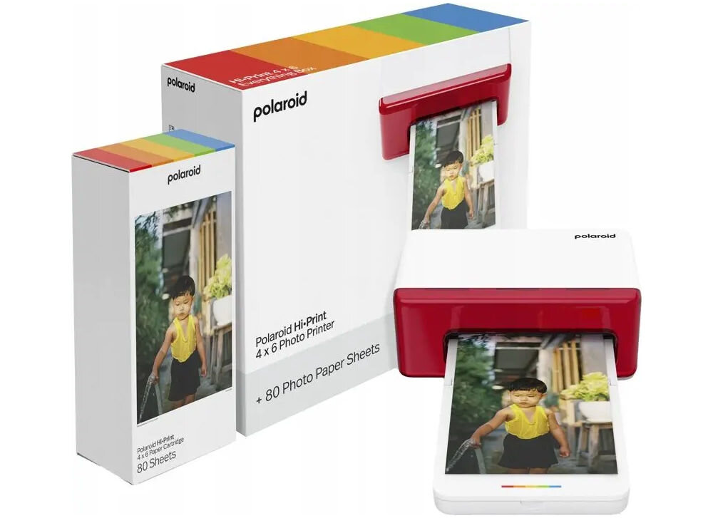 Drukarka POLAROID Hi-print 4x6 E-Box Druk w kolorze, Bluetooth prezentacja drukarki opakowania i opakowania z dodatkowymi wkładami na białym tle technologia 4Pass odporność na wodę i blaknięcie