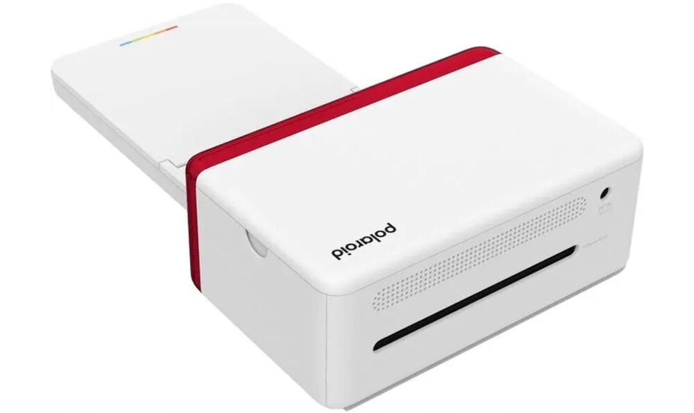 Drukarka POLAROID Hi-print 4x6 E-Box Druk w kolorze, Bluetooth prezentacja drukarki od tyłu pod kątem na białym tle zdjęcia odporne na wodę i blaknięcie
