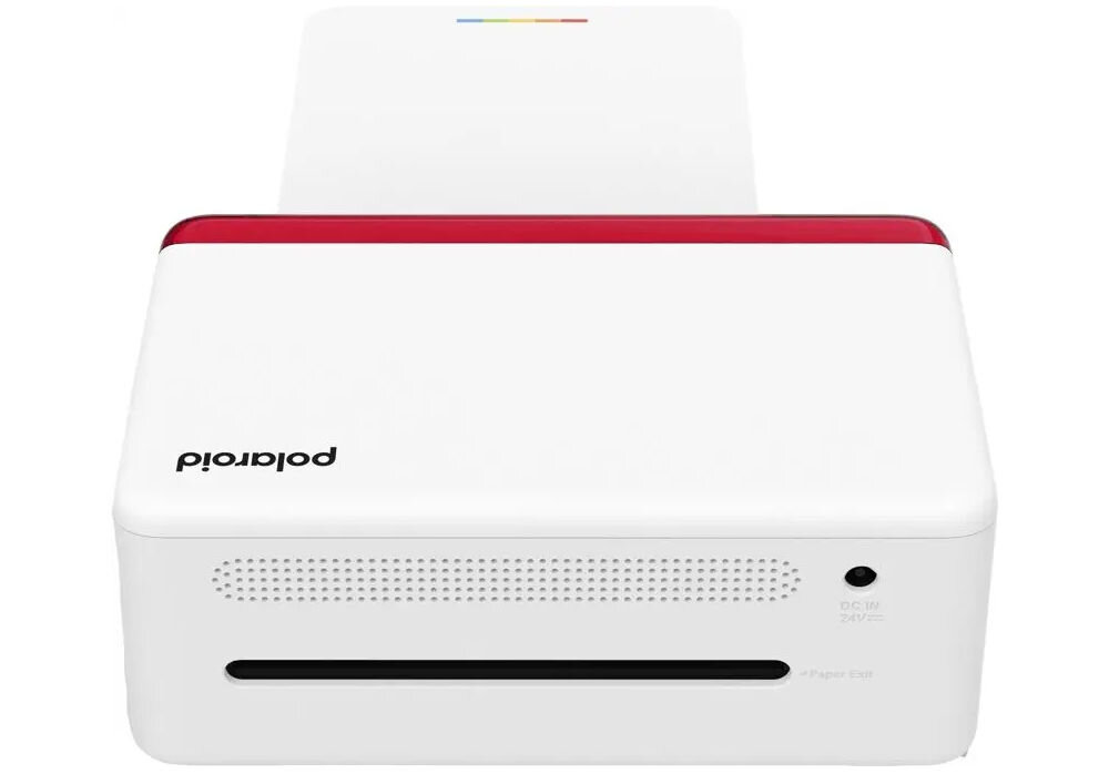 Drukarka POLAROID Hi-print 4x6 E-Box Druk w kolorze, Bluetooth prezentacja drukarki od strony wejścia na wkład i wejścia zasilania na białym tle drukowanie zdjęć z telefonu i chmury
