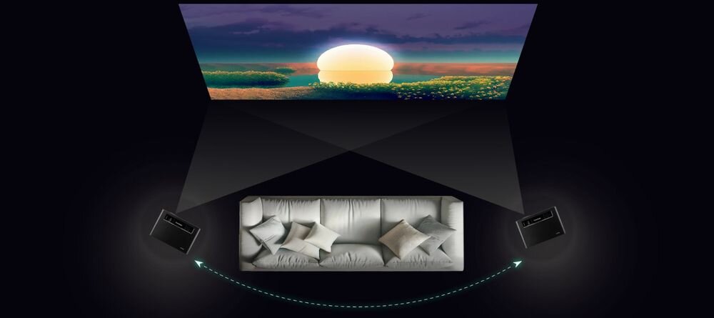 Projektor VIEWSONIC X1-4K Pro korekcja trapezowa H/V regulacja czterech narożników, projektor wyświetlający obraz na ścianie