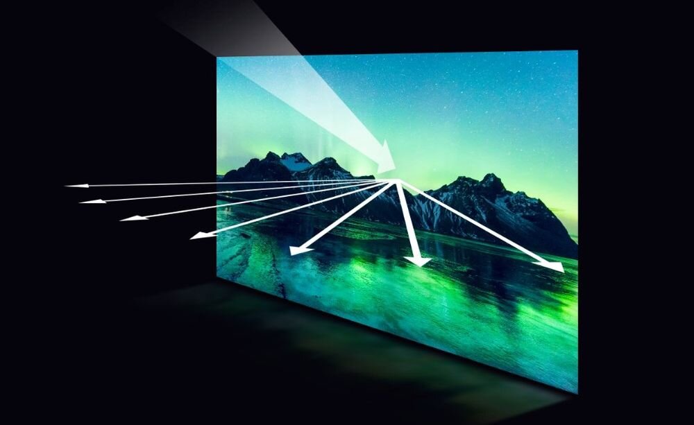 Projektor VIEWSONIC X1-4K Pro certyfikat TÜV SÜD niskie światło niebieskie odbite światło, ekran projekcyjny na czarnym tle
