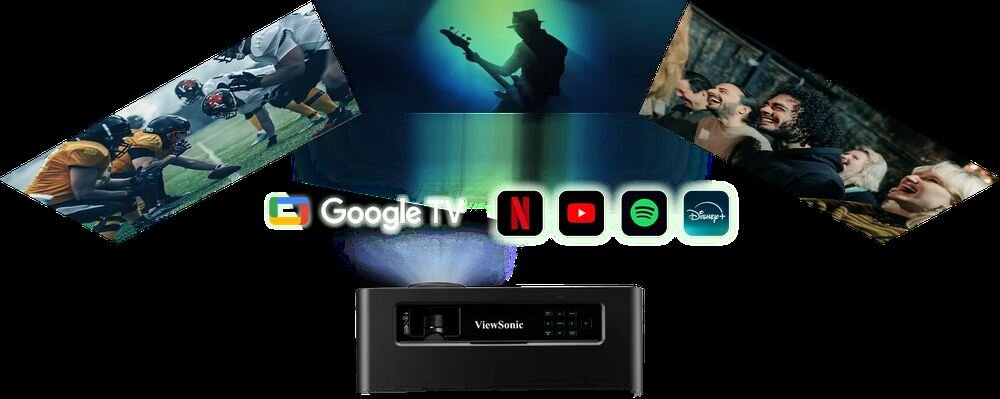 Projektor VIEWSONIC X1-4K Pro Google TV Netflix Disney+ YouTube streaming, projektor wyświetlający obraz na ścianie