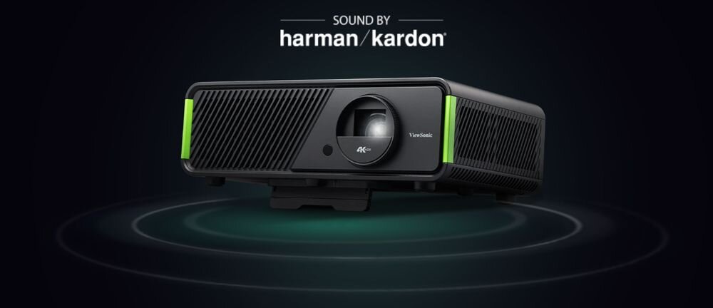 Projektor VIEWSONIC X1-4K Pro głośniki Harman Kardon 4K UHD kino domowe, projektor na czarnym tle