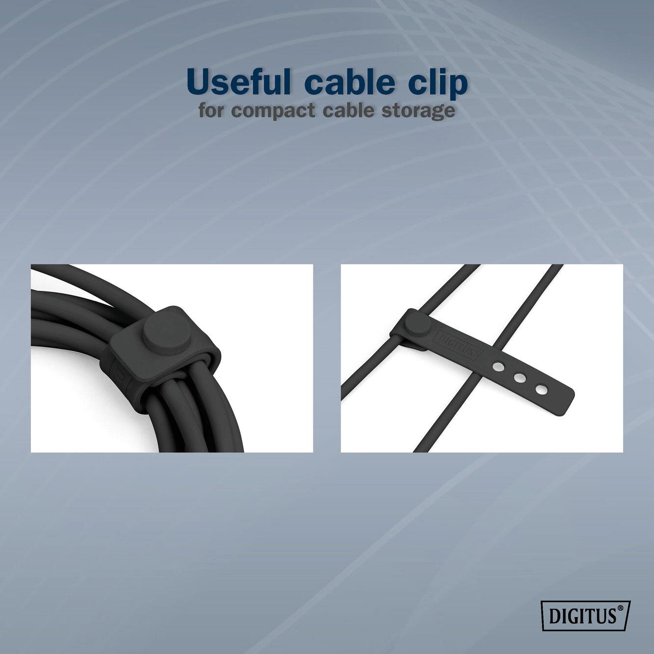 Obraz przedstawia dwa zdjęcia czarnego kabla z klipsem do organizacji. Na górze widoczny jest tekst: \'Useful cable clip for compact cable storage\', a w prawym dolnym rogu logo \'DIGITUS\'.