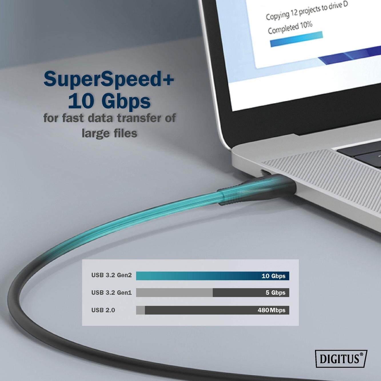 Obraz przedstawia kabel USB-C podłączony do laptopa, z tekstem \'SuperSpeed+ 10 Gbps for fast data transfer of large files\'. W prawym dolnym rogu widoczne jest logo \'DIGITUS\'.