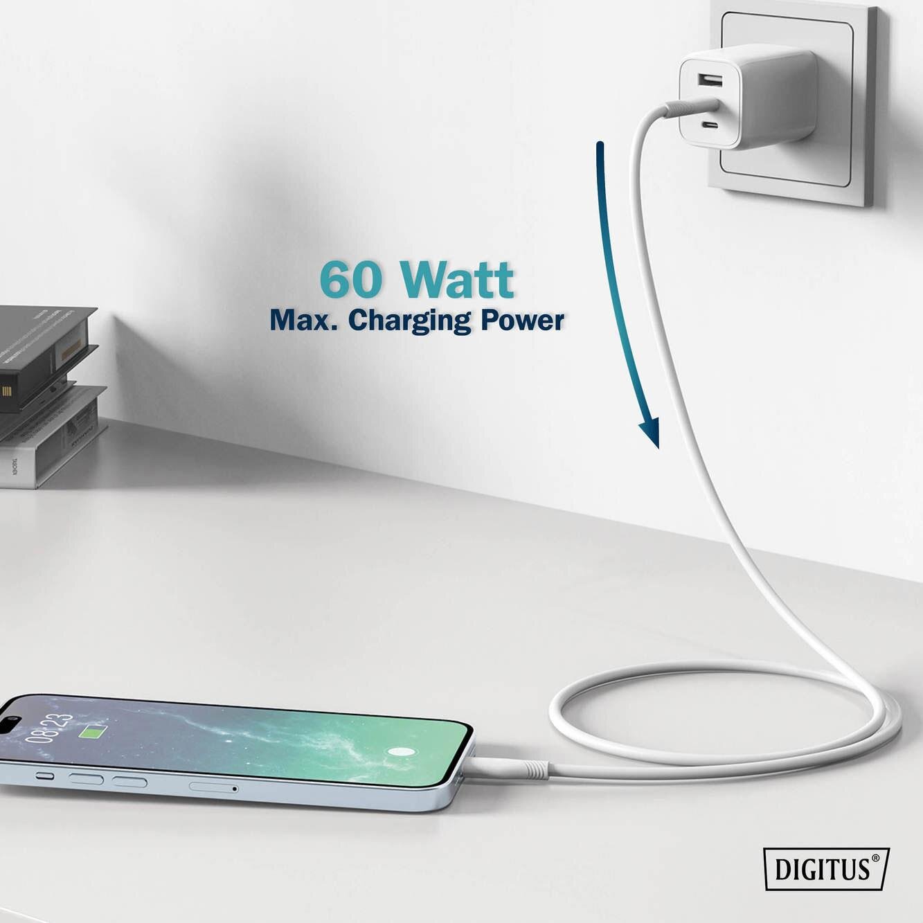 Na obrazie widać biały kabel USB-C podłączony do smartfona i ładowarki w gniazdku. Obok znajduje się tekst: \'60 Watt Max. Charging Power\' oraz logo \'DIGITUS\'.