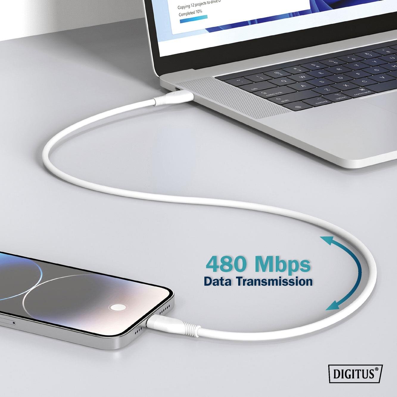 Biały kabel USB-A do USB-C jest podłączony do laptopa i smartfona. Na obrazie widoczny jest napis \'480 Mbps Data Transmission\' oraz logo \'DIGITUS\'.