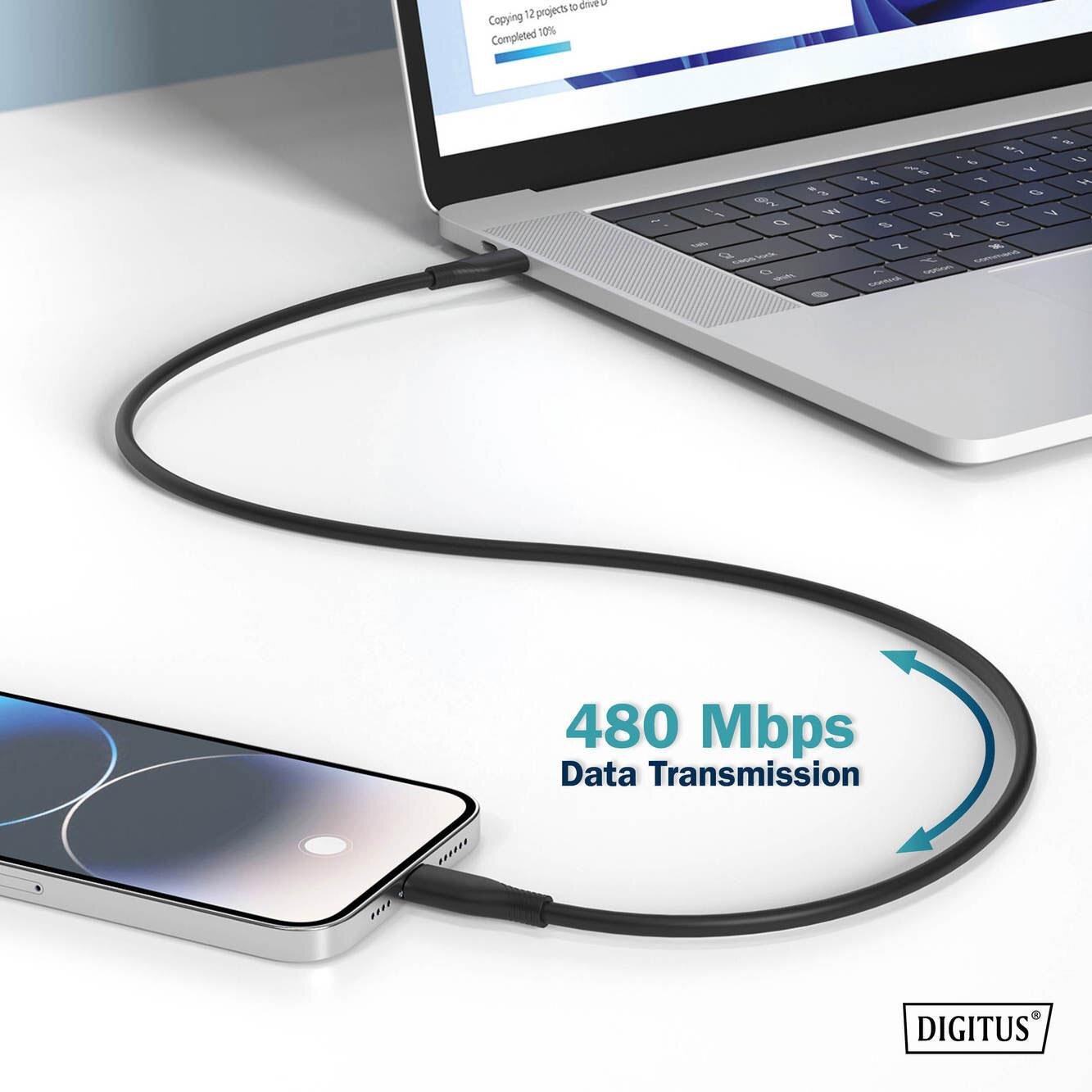 Czarny kabel USB-C jest podłączony do laptopa i smartfona. Na obrazie widoczny jest napis \'480 Mbps Data Transmission\' oraz logo \'DIGITUS\'.