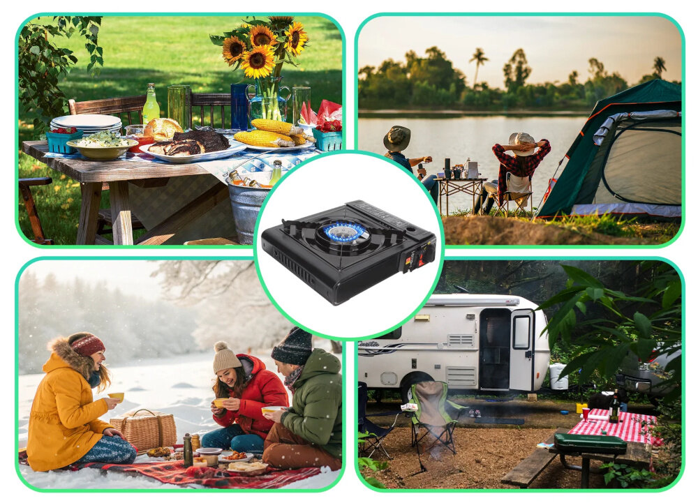 Kuchenka turystyczna EXTRALINK EX.39500 kolaż zdjęć po środku kuchenka wokół zdjęcia osób na biwaku kampingu pikniku gotowanie w terenie uniwersalne zastosowanie