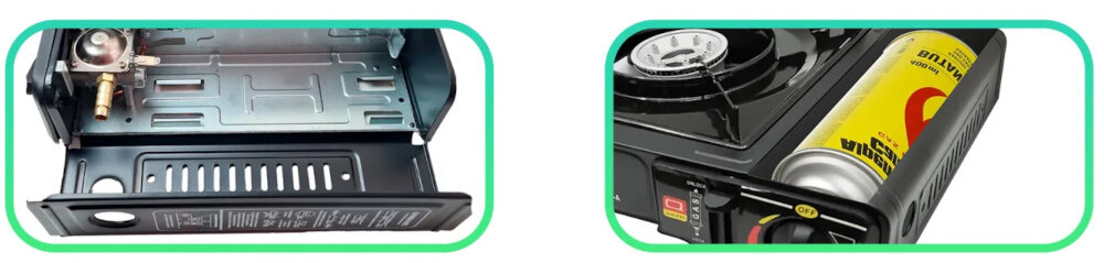 Kuchenka turystyczna EXTRALINK EX.39500 dwa zdjęcia zbliżenie na miejsce na butlę gazową widok wnętrza kuchenki do przygotowywania posiłków podczas biwaków wyjazdów kempingowych w podróży pod namiot zasilana kartuszami gazowymi i butlami gazowymi elastyczność w różnych warunkach terenowych