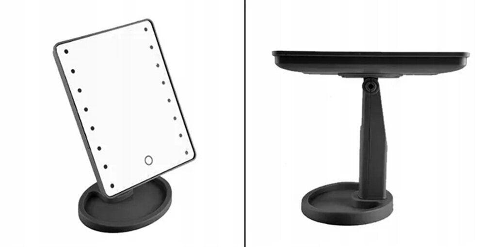 Na obrazie widoczne jest lusterko kosmetyczne z podświetleniem LED, umieszczone na czarnej podstawie. Lusterko ma prostokątny kształt i jest pokazane z przodu oraz z boku.