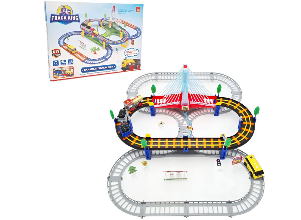 Kolejka EXTRALINK Kids Track King EX.39838 prezentacja kolejki i opakowania na białym tle rozbudowany zestaw rozwój wyobraźni koordynacji wiedza o otaczającym świecie