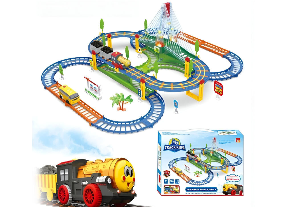 Kolejka EXTRALINK Kids Track King EX.39838 prezentacja kolejki opakowania i pociągu na białym tle ciekawe rozwiązania klasyczna frajda lokomotywa i autobus samodzielnie poruszają się po torach kreowanie scenariuszy kreatywna zabawa