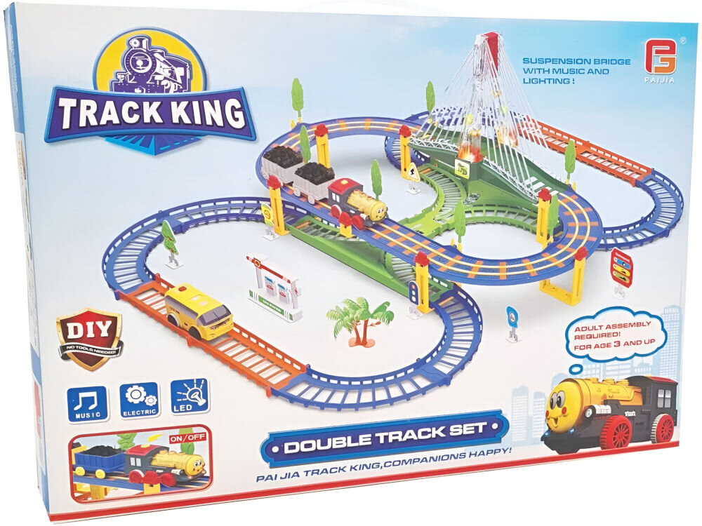 Kolejka EXTRALINK Kids Track King EX.39838 prezentacja opakowania na białym tle bogactwo interaktywnych elementów realistyczne odgłosy silnika wesołe melodie światła uatrakcyjnienie zabawy