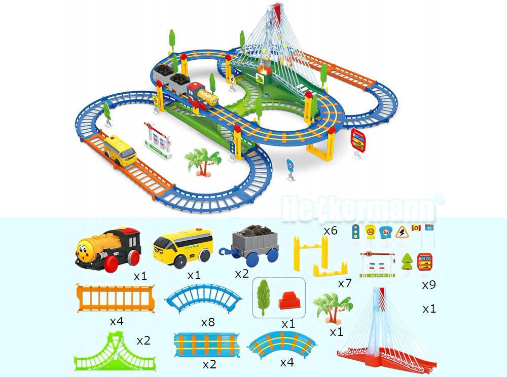 Kolejka EXTRALINK Kids Track King EX.39838 prezentacja kolejki na białym tle oraz pokazanie zawartości zestawu nauka zdobycie wiedzy o ruchu drogowym interaktywne elementy rozwój zdolności manualnych