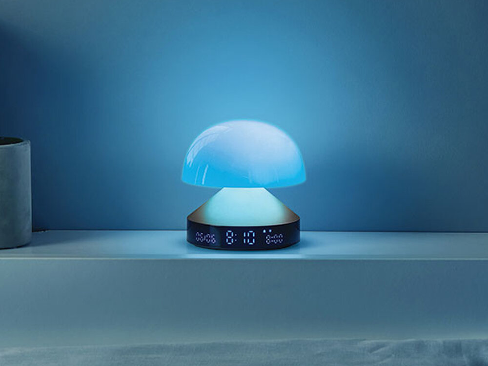 Budzik z lampką Lexon Mina Sunrise świt zmierzch przyjemna łagodna zasypianie światło