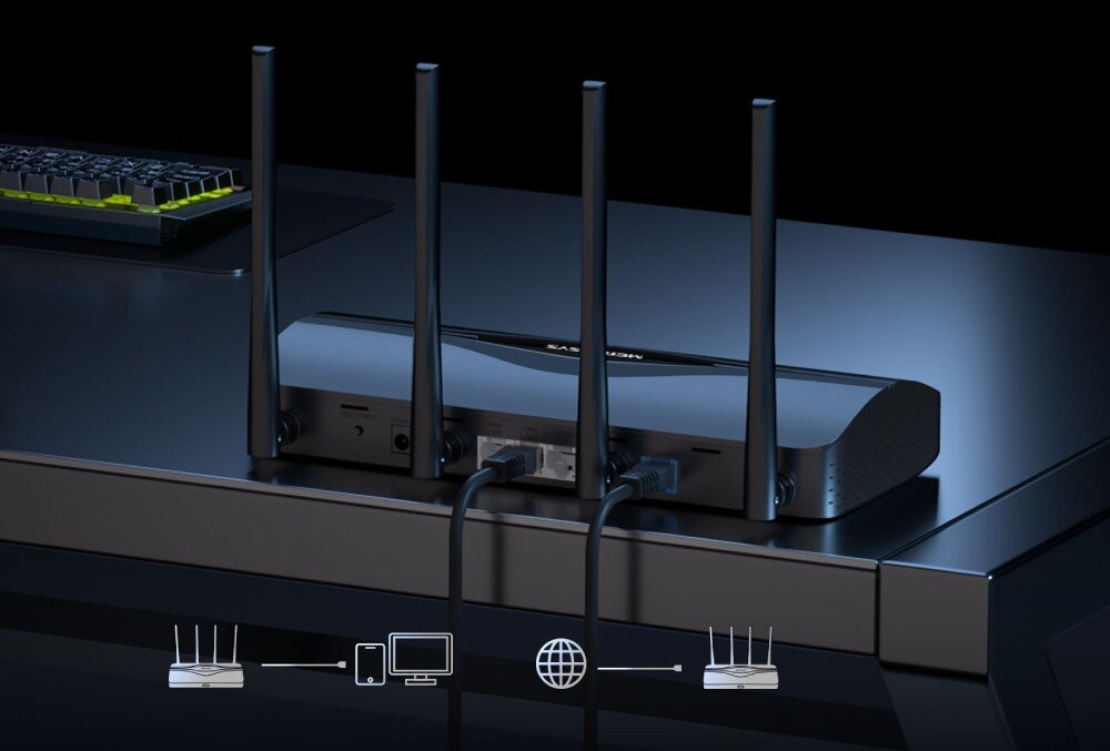 Router MERCUSYS MR27BE Tył urządzenia z podłączonymi kablami sieciowymi do portów LAN oraz ikonami u dołu ilustrującymi schemat połączenia przewodowego z internetem i komputerem