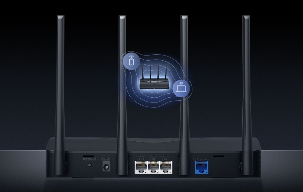 Router MERCUSYS MR27BE Zbliżenie na tylny panel z widocznymi portami WAN i LAN oraz grafiką przedstawiającą bezprzewodowe połączenie routera z laptopem i telefonem