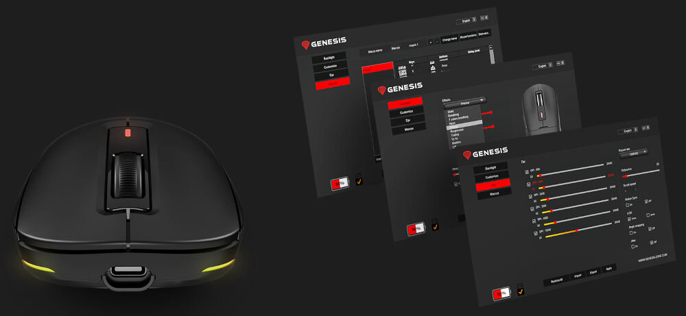 Mysz GENESIS Zircon 660 Pro czarny aplikacja Genesis możliwość tworzenia profili rejestrowania kombinacji makro personalizacji przycisków podświetlenie
dostosowywanie działania sensora parametr LOD Jitter Angle Snapping Motion Sync 6 programowalnych przycisków wbudowana pamięć