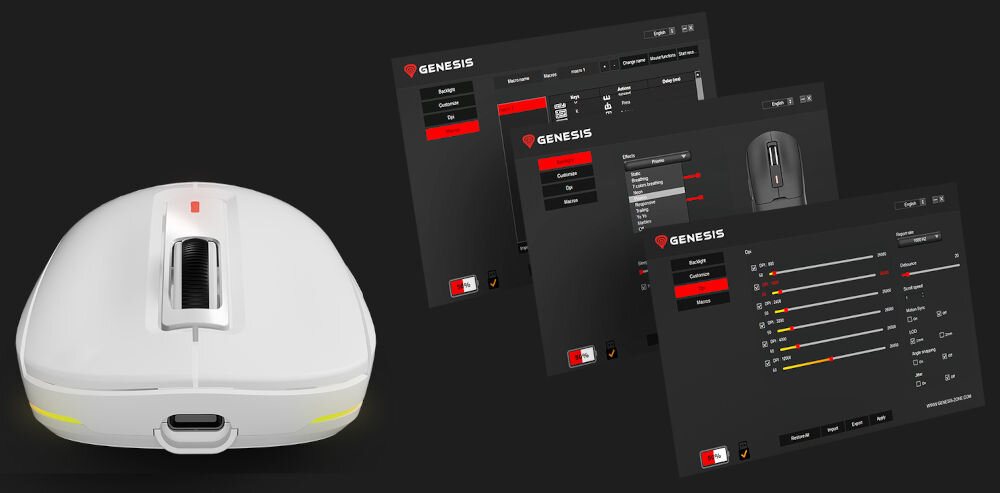 Mysz GENESIS Zircon 660 Pro biały aplikacja Genesis możliwość tworzenia profili rejestrowania kombinacji makro personalizacji przycisków podświetlenie
dostosowywanie działania sensora parametr LOD Jitter Angle Snapping Motion Sync 6 programowalnych przycisków wbudowana pamięć
