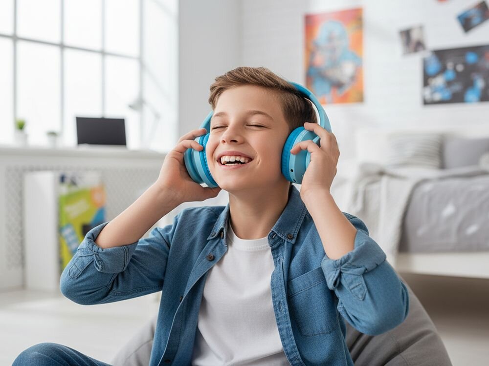 Słuchawki nauszne POWERLOCUS P2 Kids ogranicznik głośności 85 dB ochrona słuchu, dziecko z założonymi słuchawkami nausznymi