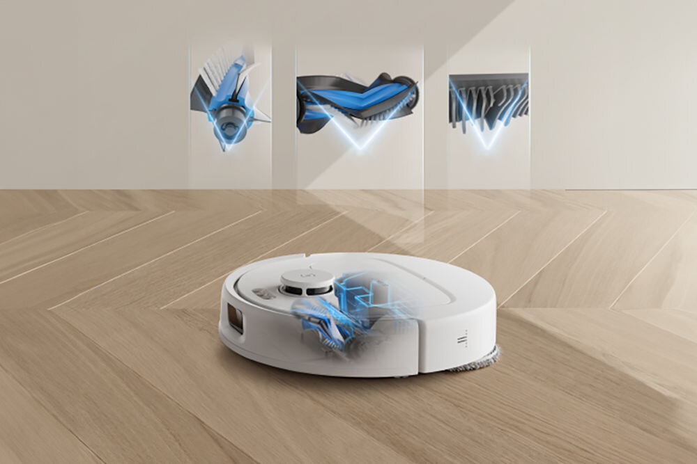 Robot sprzątający ECOVACS Deebot N30 Pro Omni Biały technologia ZeroTangle 2.0 potrójne struktury w kształcie litery V zapobieganie wplątywaniu się włosów szczotka o kącie 45 stopni unosi włosy spiralna szczotka centralne zbieranie włosów zęby grzebienia dynamiczne rozplątywanie włosów skuteczne ssanie bezproblemowa konserwacja