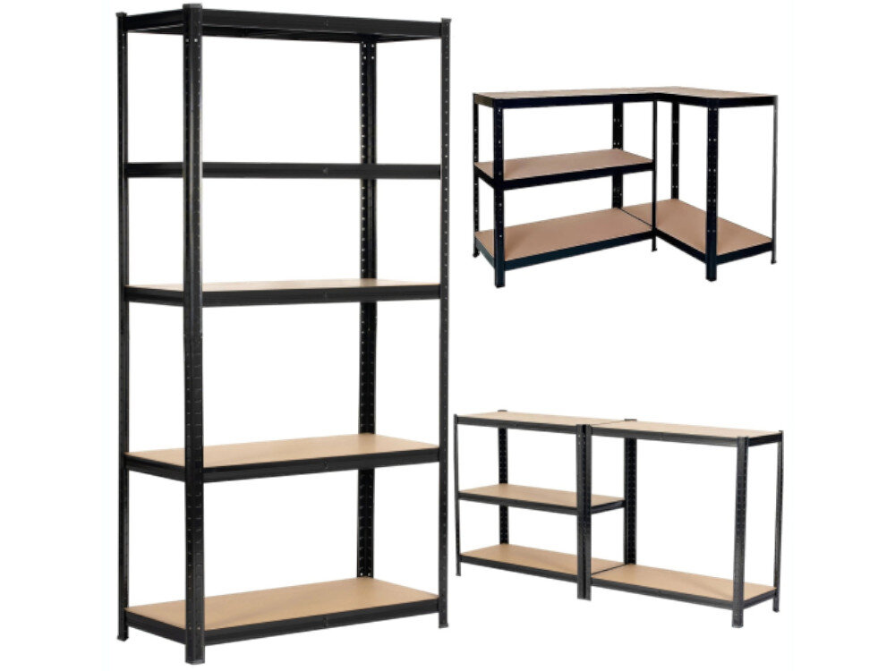 Regał magazynowy EXTRALINK EX.36776 180 x 90 x 40 cm, wcisk, montaż, szybki, prosty, na białym tle 3 rodzaje złożenia regału pod potrzebę składowania