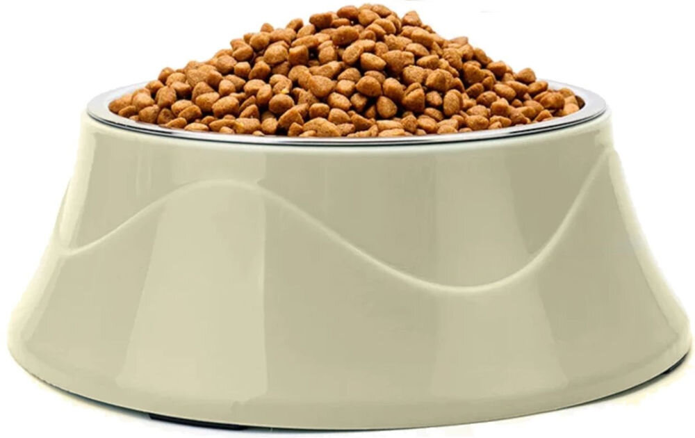 Podwójna miska dla psa Extralink Pets, wytrzymała konstrukcja, stal nierdzewna i tworzywo sztuczne, stabilna podstawa - miska ma kremowy kolor i falisty wzór na zewnętrznej powierzchni.