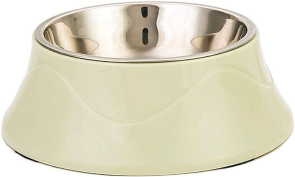 Podwójna miska dla psa Extralink Pets 2w1 - Na zdjęciu znajduje się miska dla zwierząt z metalowym wnętrzem i plastikową, kremową obudową o falistym wzorze. Miska ma okrągły kształt i jest przeznaczona dla psów i kotów.