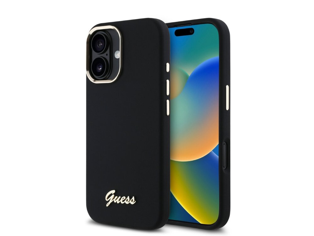 Czarne etui na telefon z napisem \'Guess\' w dolnej części, posiada wycięcia na aparat i przyciski. Telefon w etui wyświetla kolorowy ekran.