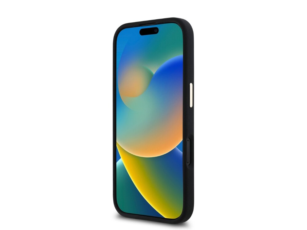 Czarne etui na smartfon z widocznym kolorowym ekranem. Etui ma gładką powierzchnię i wycięcia na przyciski boczne.