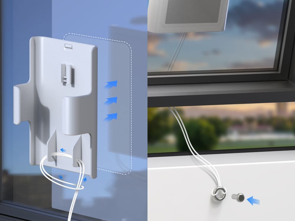 Zestaw montażowy ZTE Window Mounting Set do MC889 Zbliżenie na uchwyt z dodatkowym zabezpieczeniem w postaci linki oraz przewodem sieciowym mocowanym do okna. Symbolizuje stabilność i bezpieczeństwo użytkowania.