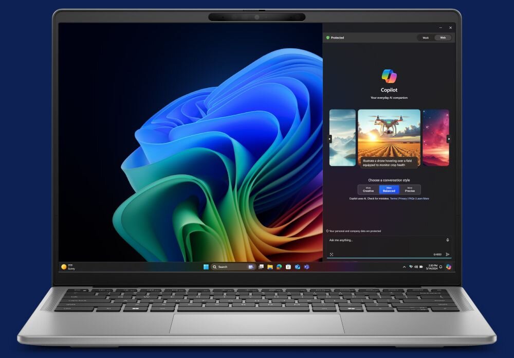 Laptop Dell Latitude z aplikacją Microsoft Copilot wyświetlającą kolorową abstrakcyjną tapetę z niebiesko-zielonymi spiralami i panelem AI po prawej stronie - AI w Microsoft 365
