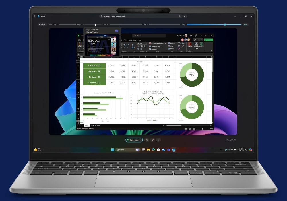 Laptop Dell Latitude z funkcją Windows Recall pokazującą arkusz kalkulacyjny z zielonymi wykresami kołowymi, tabelami danych i harmonogramem spotkań Microsoft Teams. - Funkcja Recall