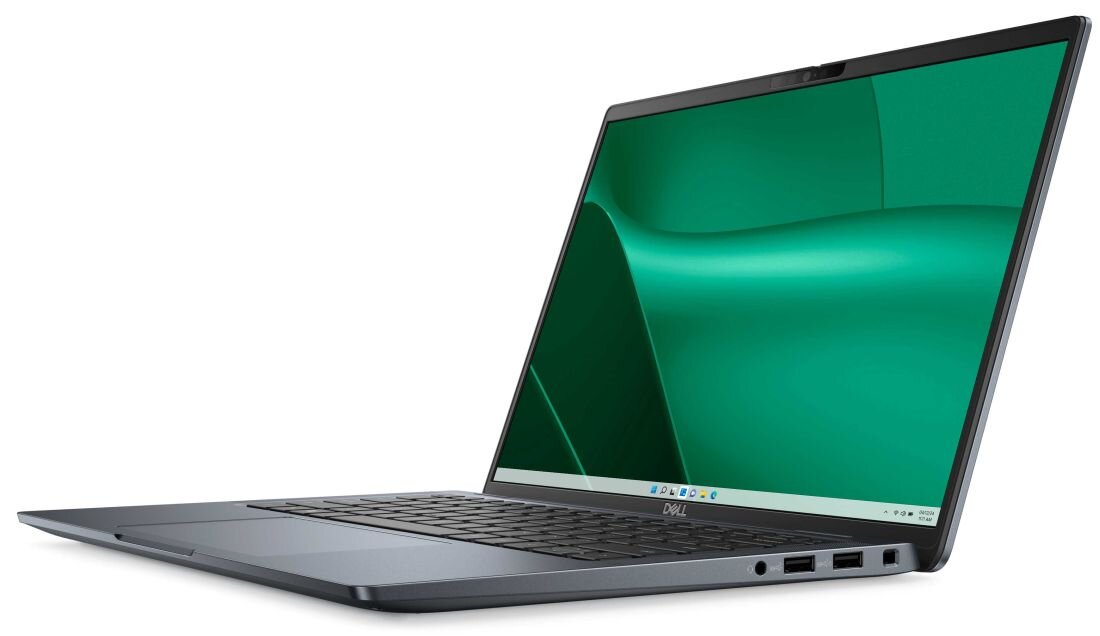 Otwarty laptop DELL Latitude 7350 z zielonym ekranem.  - zrównoważony rozwój i efektywność energetyczna 