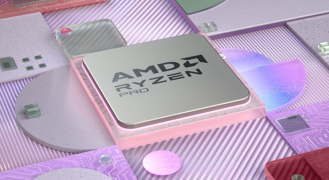 Procesor AMD Ryzen PRO z różowym i fioletowym podświetleniem na tle płytki drukowanej z elementami elektronicznymi - Opis serii ThinkBook