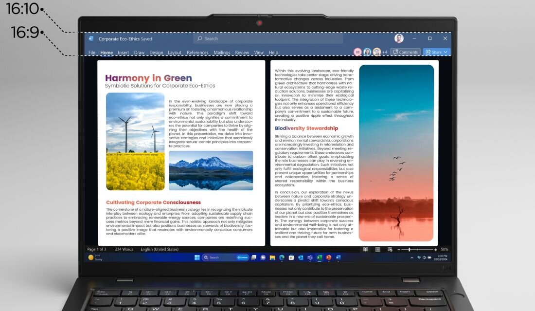 Laptop Lenovo ThinkPad z dokumentem Word Harmony in Green na ekranie pokazującym proporcje 16:10. - Ekran 14 cali 1920 x 1200 px IPS