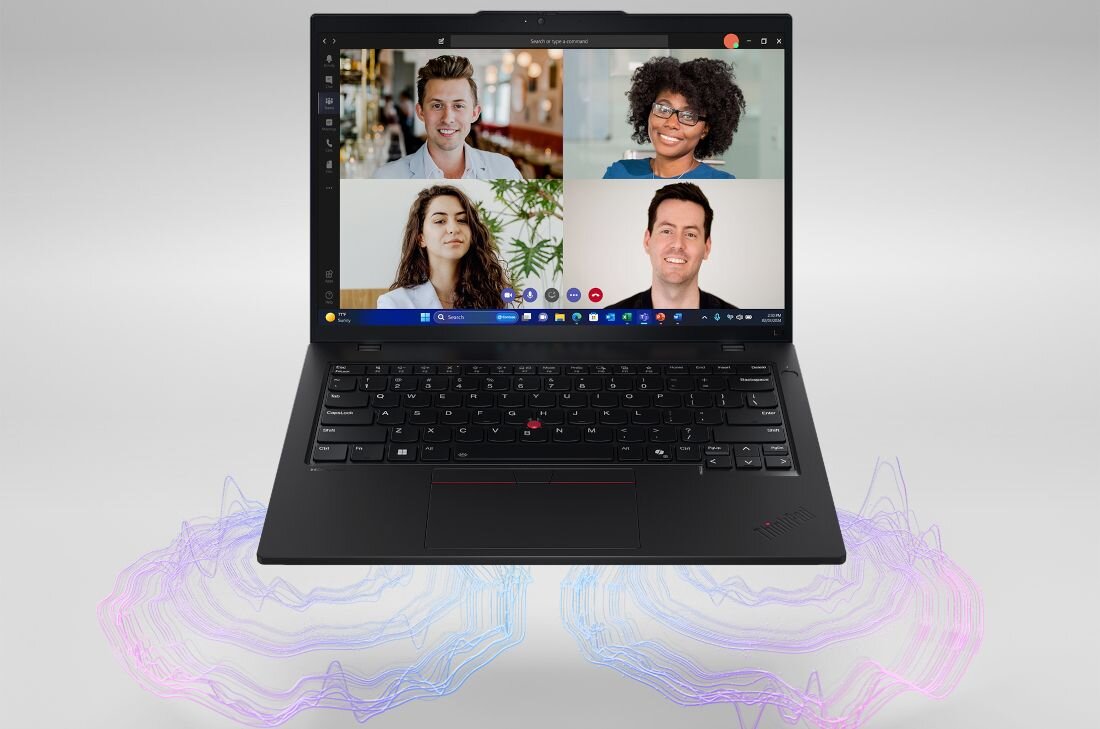 Laptop Lenovo ThinkPad z wideokonferencją na ekranie i efektami dźwiękowymi wokół urządzenia. - Kamera 5 Mpix