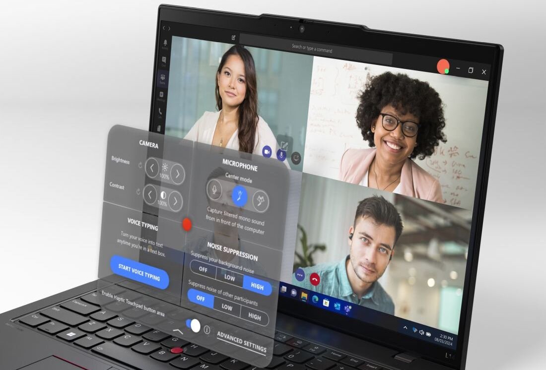 Laptop Lenovo ThinkPad z wideokonferencją i panelem ustawień kamery i mikrofonu na ekranie. - Bateria 57 Wh