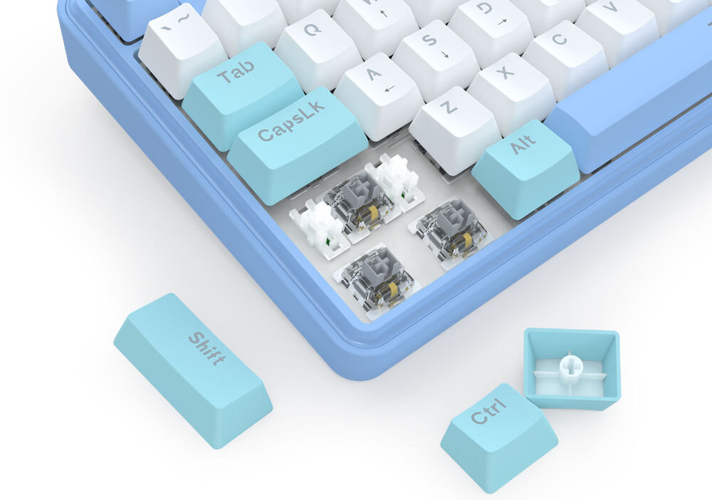 Klawiatura REDRAGON K707WBB-RGB StarBlade komfort pisania i grania,
fabrycznie smarowanym, liniowym przełącznikom mechanicznym REDRAGON Dragon Growl, płynne działanie, szybka odpowiedź na każde naciśnięcie klawisza, produkt na białym tle z trzema wyciągniętymi nakładkami klawiszy, widoczne przełączniki
