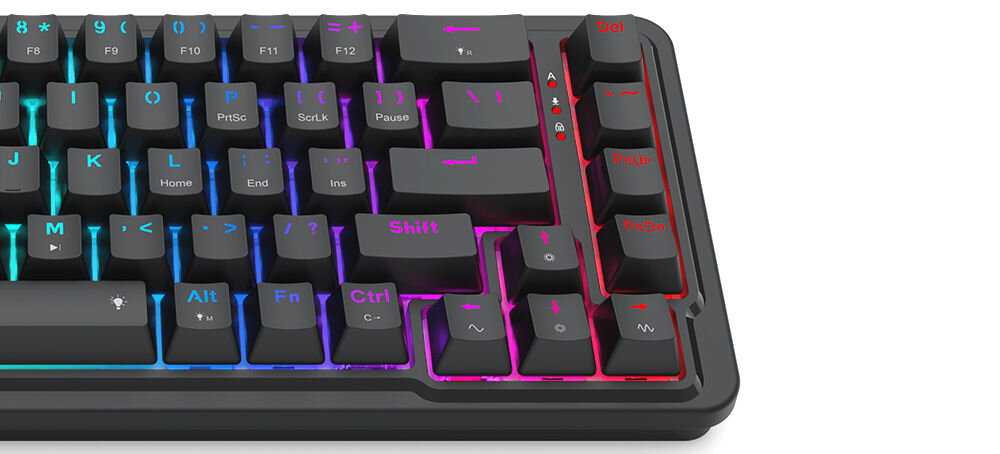 Klawiatura REDRAGON K709-RGB Nova optymalizacja przestrzeni, 68 klawiszy, wymiary ok. 336 x 119 x 40 mm, zachowanie wszystkich kluczowych klawiszy - strzałek,
oraz funkcji pomocniczych, przemyślana konstrukcja, niewielki rozmiar, produkt na białym tle