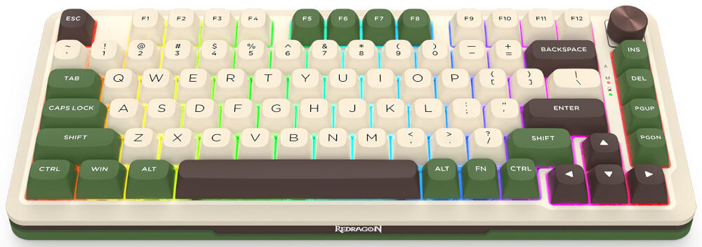 Klawiatura REDRAGON K681CCG-RGB-PRO Cyrus
funkcjonalny układ w rozmiarze 75% o wymiarach ok. 335 x 140 x 43 mm, wyposażona w 81 klawiszy, łatwy dostęp do klawiszy strzałek, rzędu funkcyjnego oraz sekcji nawigacyjnej,
pokrętło regulacji głośności,
produkt na białym tle
