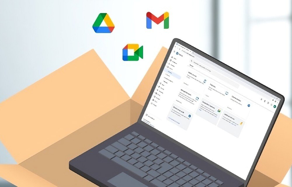 Laptop ASUS Chromebook Plus CB3402CVA Grafika przedstawiająca laptop znajdujący się w otwartym kartonowym pudełku. Nad laptopem widoczne są kolorowe ikony popularnych aplikacji Google, system Chrome OS, aplikacje, sklep Google Play, zdalne zarządzanie