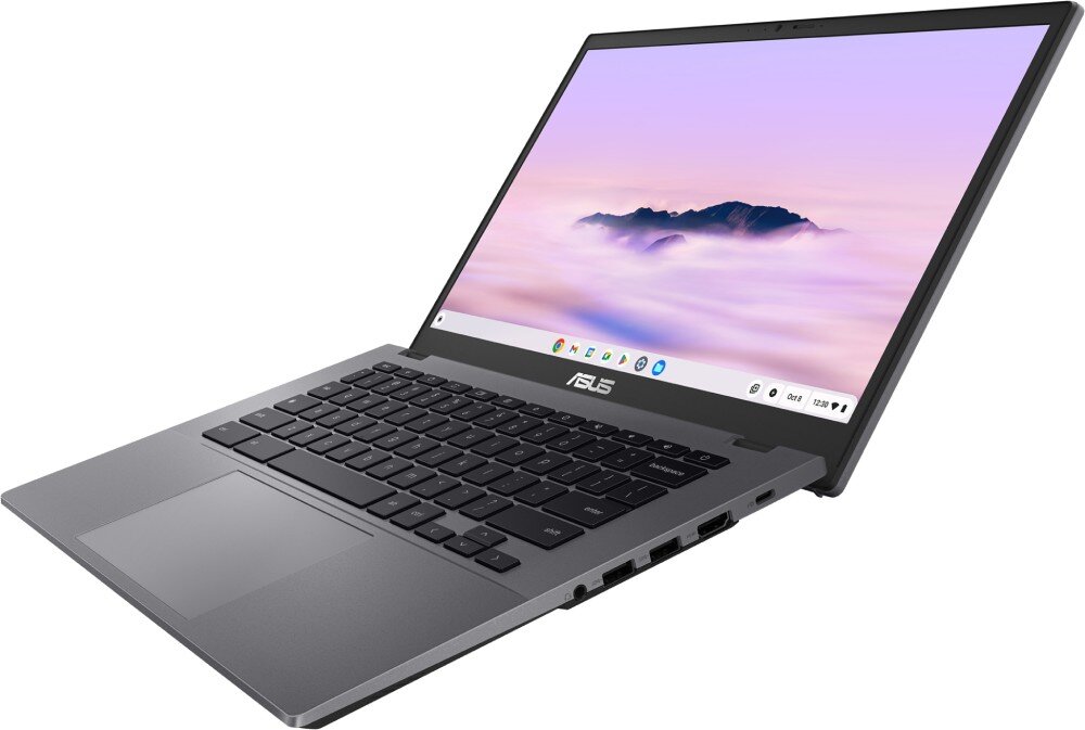 Laptop ASUS Chromebook Plus CB3402CVA Laptop ustawiony bokiem z widocznymi portami, gniazda, połączenie