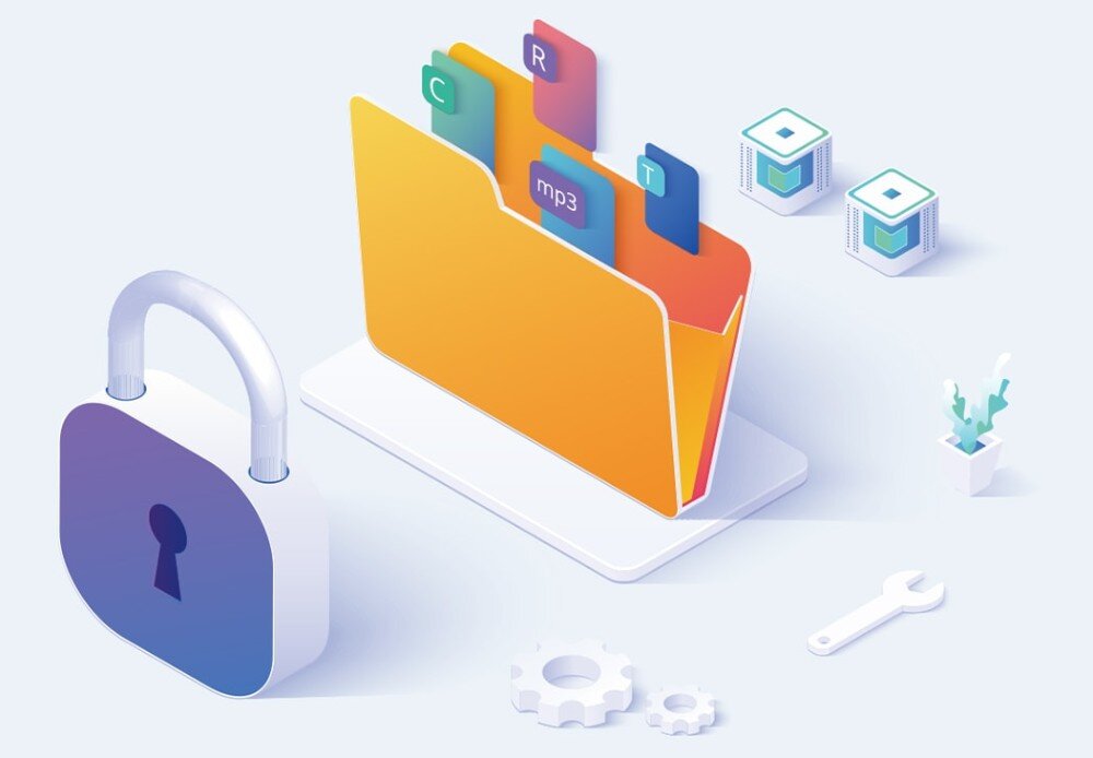 Laptop ASUS Chromebook Plus CB3402CVA Grafika ilustrująca bezpieczeństwo danych. Widoczny jest folder komputerowy z plikami oznaczonymi symbolami i kłódka symbolizująca ochronę informacji, dysk, pojemność, edycja dokumentów offline