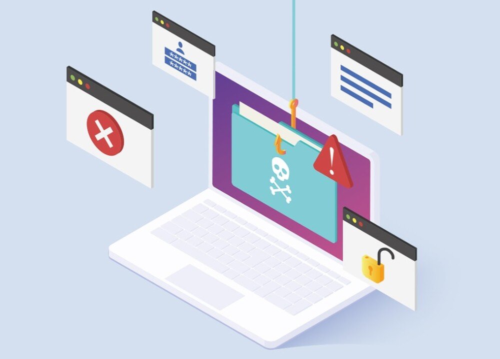 Laptop ASUS Chromebook Plus CB3402CVA Grafika przedstawiająca komputer otoczony symbolami zagrożeń internetowych, takich jak otwarta kłódka, ikona z błędem i plik z symbolem pirackim, zabezpieczenia, szyfrowanie danych, zasłona kamery,