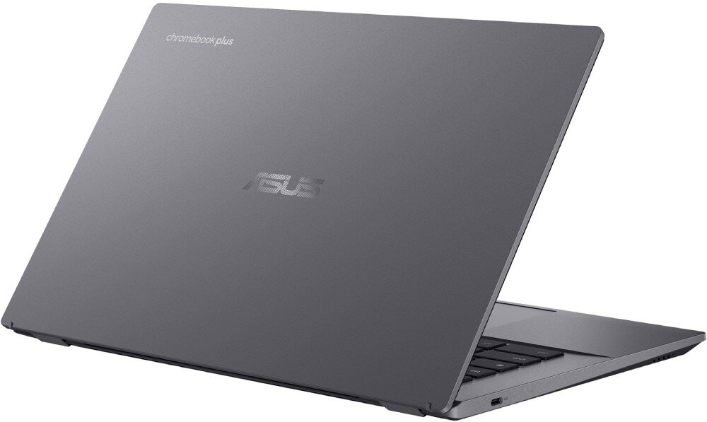Laptop ASUS Chromebook Plus CB3402CVA Zdjęcie prezentujące laptop z tyłu, ukazujące minimalistyczny design urządzenia. Widoczne jest logo producenta oraz delikatny napis na pokrywie, łączność Wi-Fi 6E, przepustowość