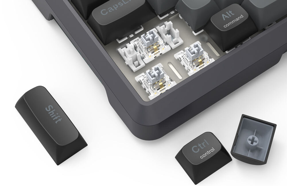 Klawiatura K688GB-RGB-PRO Bragi komfort pisania i grania,
fabrycznie smarowanym, liniowym przełącznikom mechanicznym REDRAGON Dragon Growl, płynne działanie, szybka odpowiedź na każde naciśnięcie klawisza, produkt na białym tle z trzema wyciągniętymi nakładkami klawiszy, widoczne przełączniki