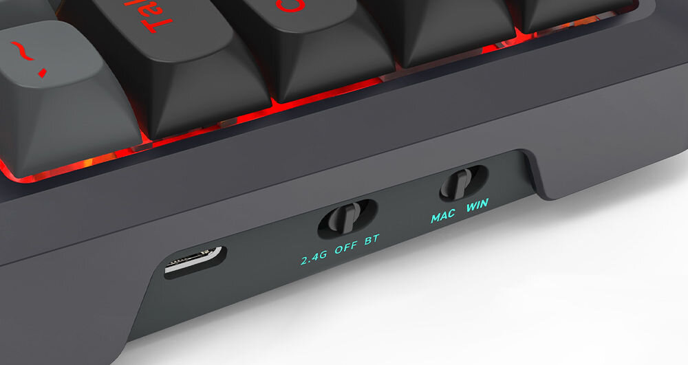 Klawiatura K688GB-RGB-PRO Bragi
kompatybilna z systemami operacyjnymi
Windows MacOS Linux, produkt na białym tle, zbliżenie na port USB-C, suwaki do zmiany trybu połączenia i kompatybilności z systemem operacyjnym